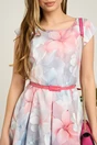 Rochie de zi din triplu voal bej cu imprimeu fucia si curea in talie