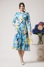 Rochie de zi din viscoza bleu cu imprimeu galben si nasturi