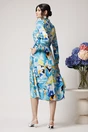 Rochie de zi din viscoza bleu cu imprimeu galben si nasturi