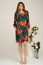 Rochie de zi din viscoza neagra cu imprimeuri florale rosii