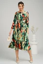 Rochie Moze de zi din viscoza verde cu imprimeuri corai si catarama in talie