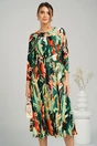Rochie Moze de zi din viscoza verde cu imprimeuri corai si catarama in talie