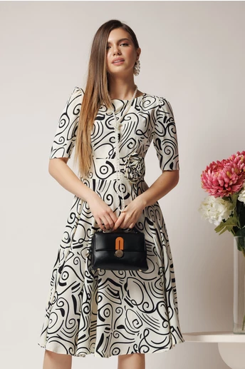 Rochie de zi din voal ivory cu imprimeuri si floare in talie