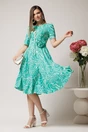Rochie de zi din voal verde cu imprimeuri si floare in talie