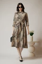 Rochie de zi tip camasa din bumbac bej cu animal print si cordon in talie