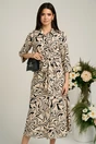 Rochie de zi tip camasa din crep bej cu imprimeu si cordon in talie