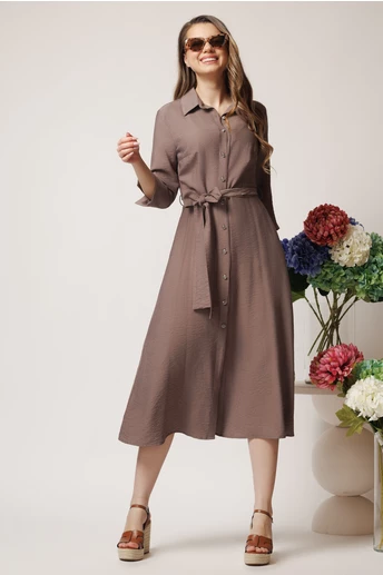Rochie de zi tip camasa din viscoza maro cu cordon in talie