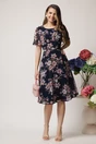 Rochie de zi vaporaosa din voal bleumarin cu imprimeuri florale roz