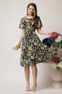 Rochie de zi vaporaosa din voal neagra cu imprimeuri florale galbene si verzi