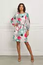 Rochie Delia alba cu imprimeuri fucsia si maneci din voal