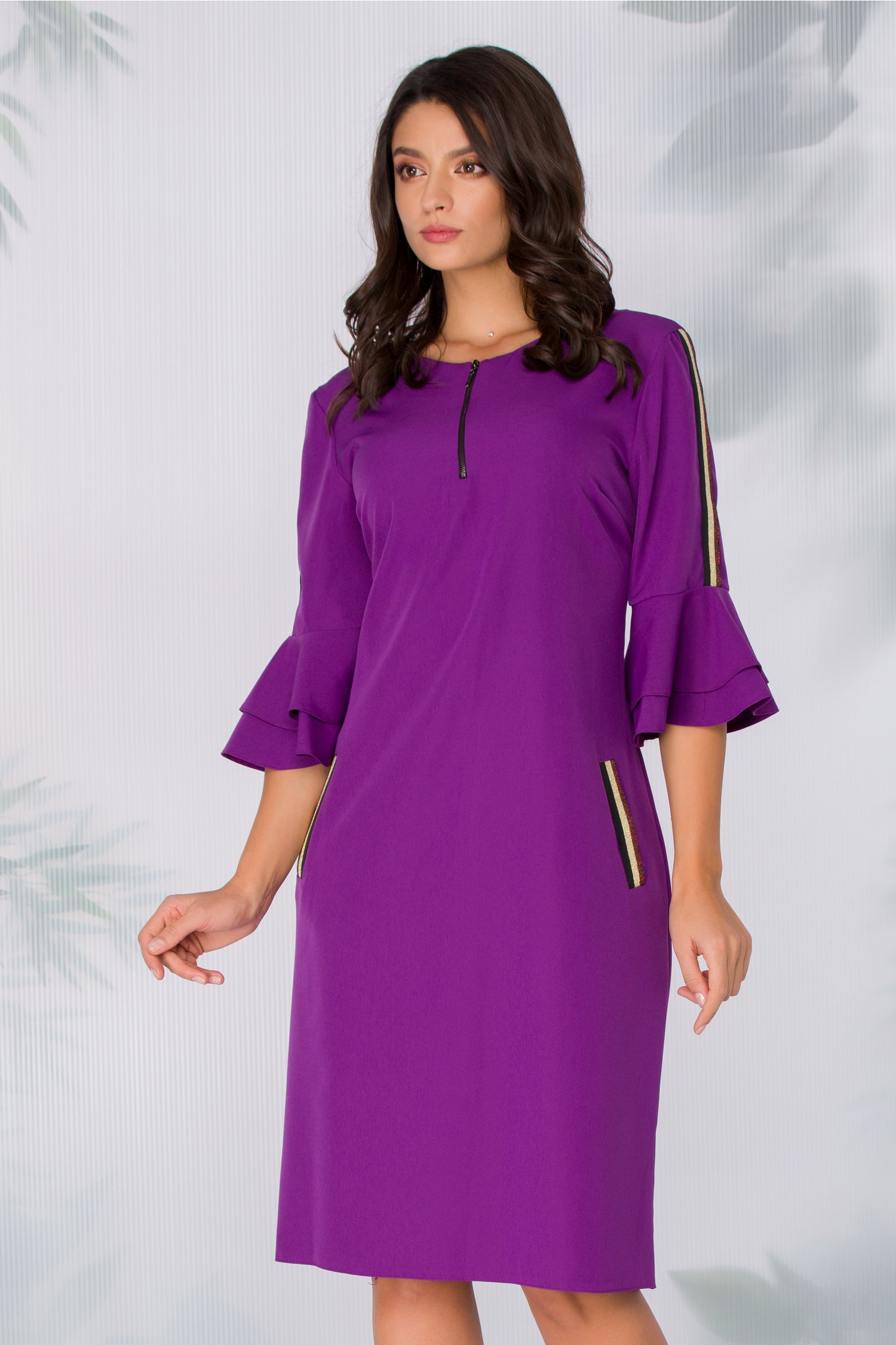 Rochie Deni mov cu benzi decorative pe brate si la buzunare - Rochii