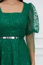 Rochie Denisa verde din tulle cu plasa la maneci si curea in talie
