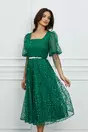 Rochie Denisa verde din tulle cu plasa la maneci si curea in talie