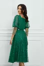 Rochie Denisa verde din tulle cu plasa la maneci si curea in talie