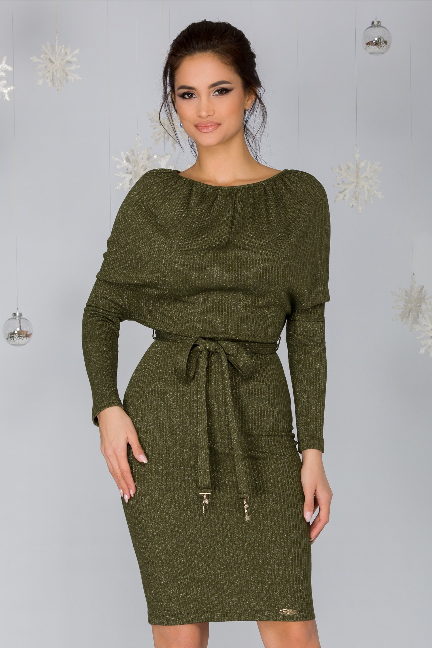 Rochie diana kaki cu lurex argintiu