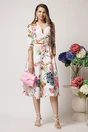 Rochie din stofa ivory midi de zi cu imprimeuri florale si decolteu