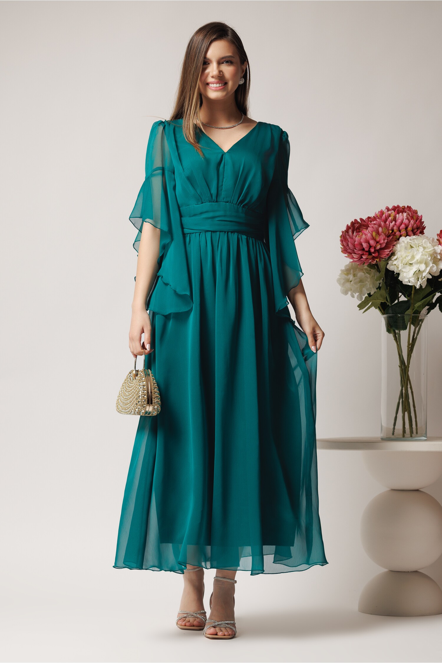 Rochie de ocazie din voal verde cu decolteu- Moze