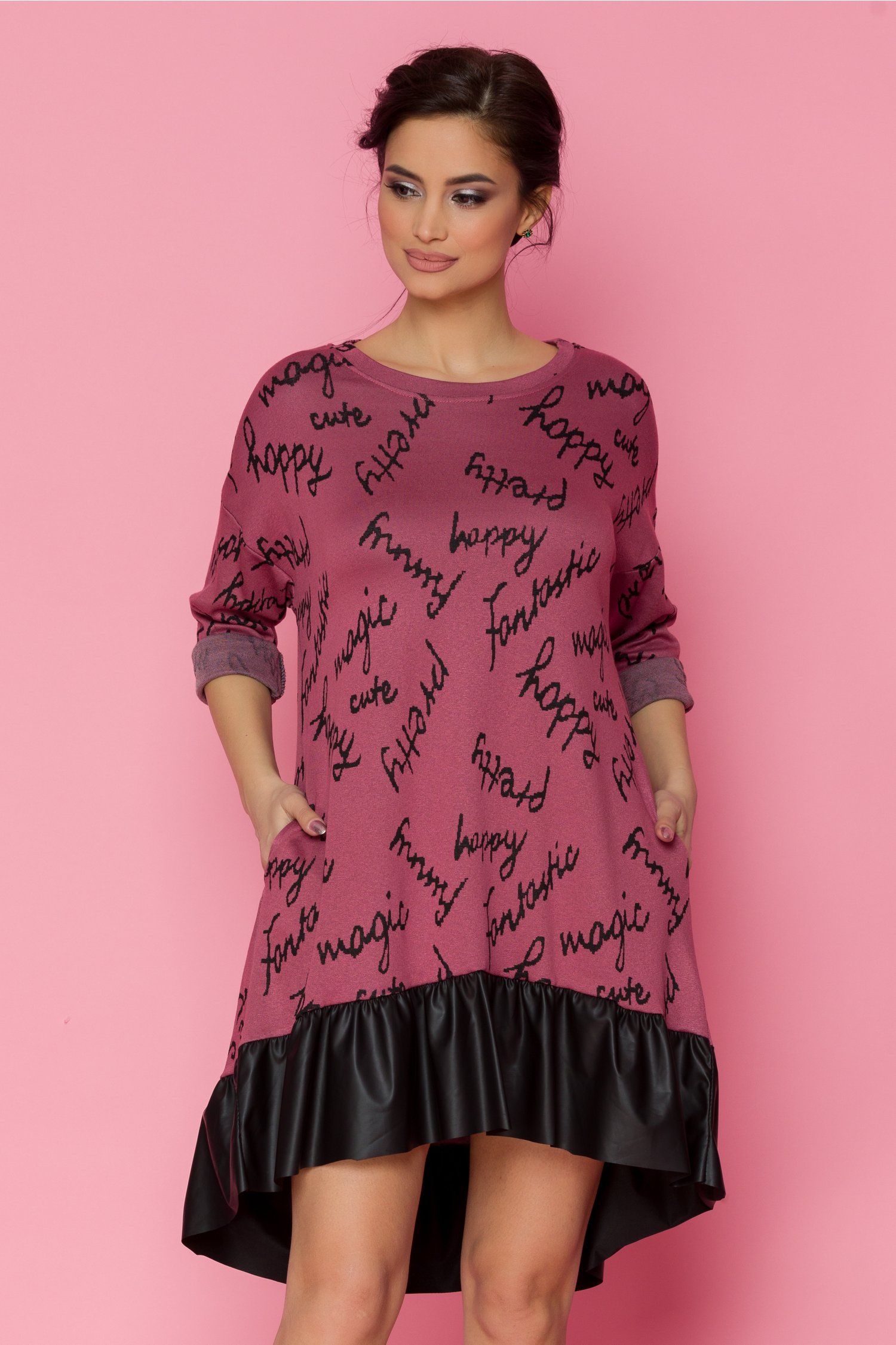 Rochie doina roz cu imprimeu text