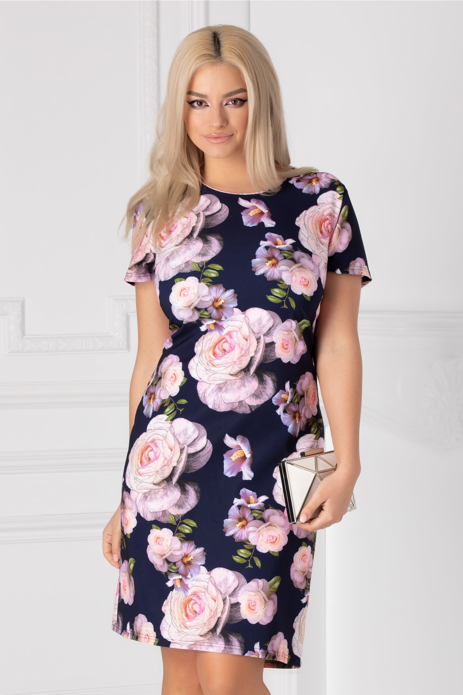 Rochie Dolly bleumarin cu imprimeu floral roz