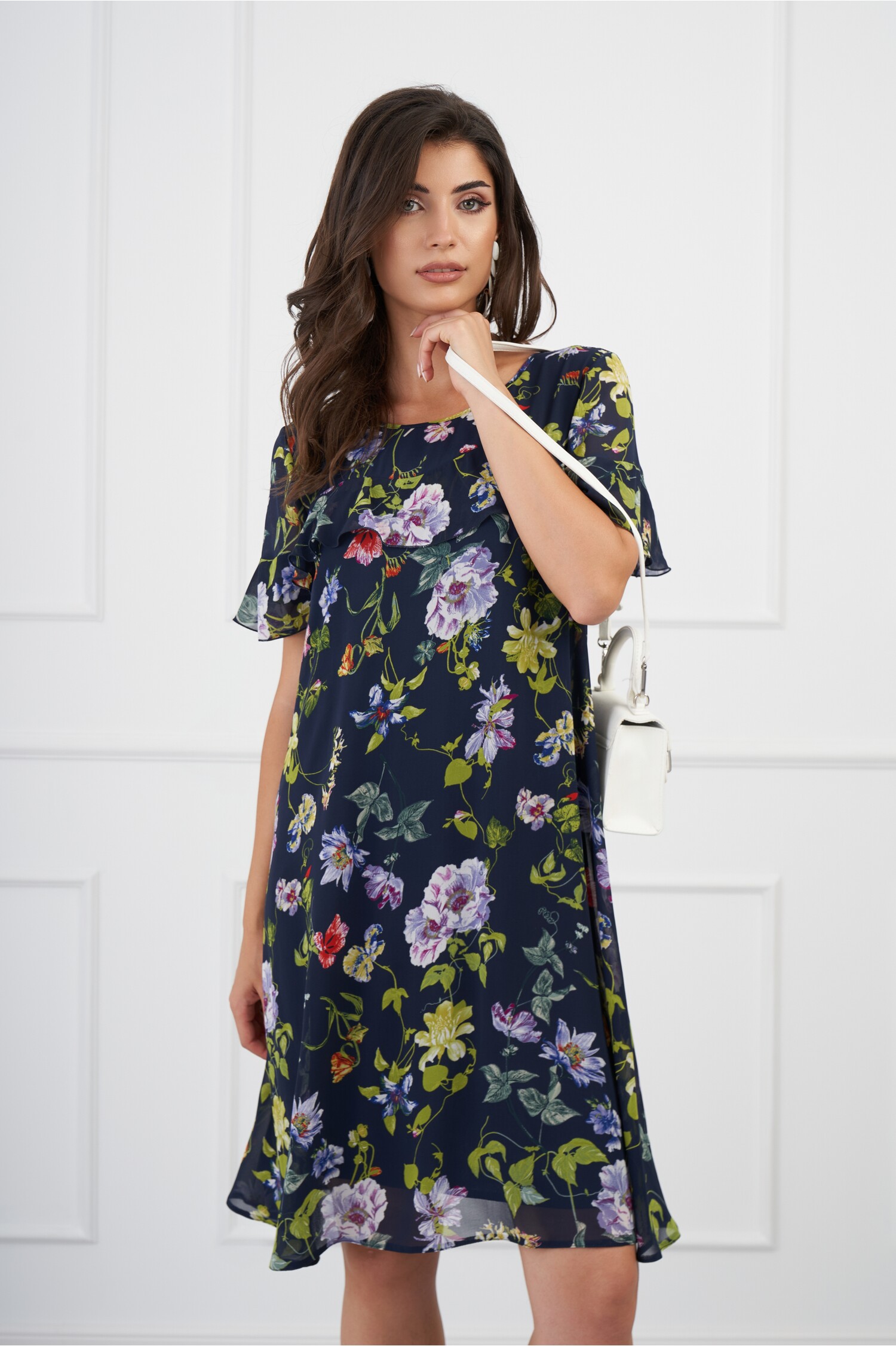 Rochie Dora bleumarin cu imprimeu floral mov