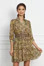 Rochie Dorina kaki cu imprimeuri florale galbene si curea in talie