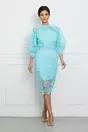 Rochie Doris bleu din dantela cu funda din organza si curea