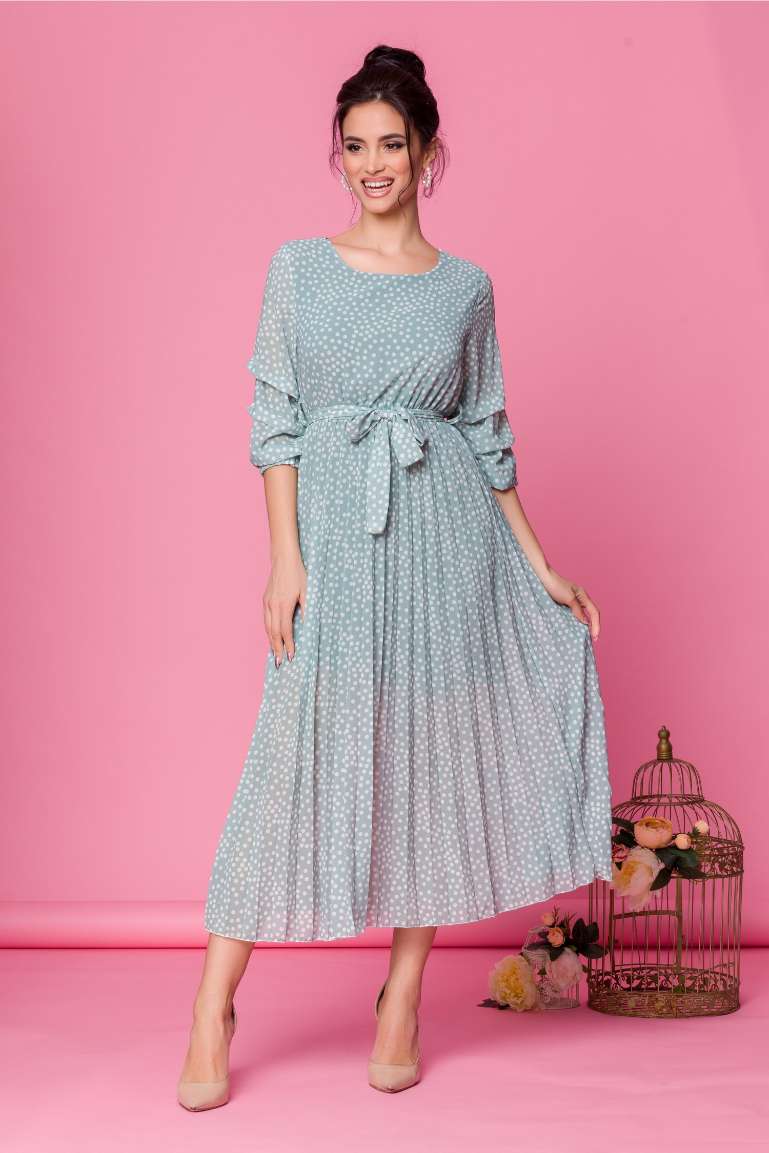 Rochie Dottie midi verde mint cu buline