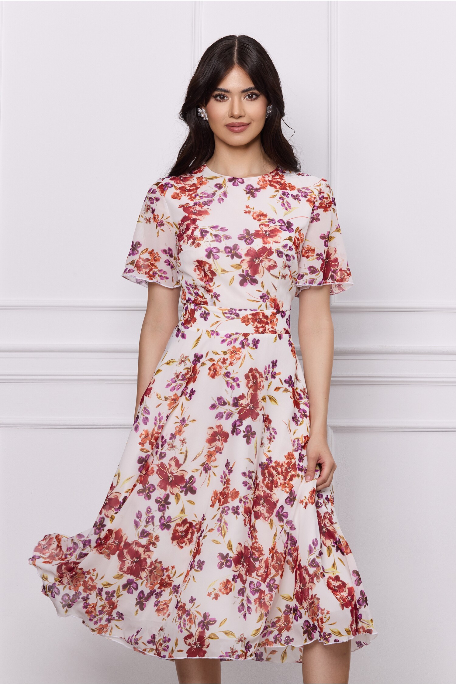 Rochie DY Fashion alba din voal cu imprimeuri florale rosii