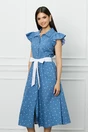 Rochie DY Fashion albastra cu buline si cordon in talie