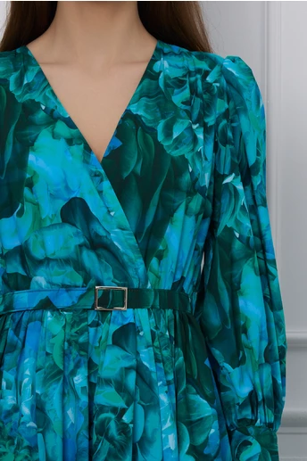 Rochie Dy Fashion albastra cu imprimeu verde si curea in talie