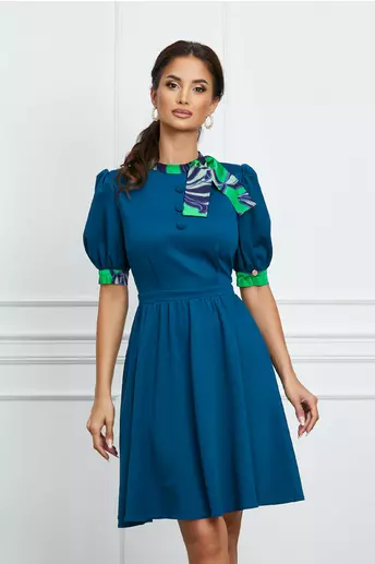 Rochie Dy Fashion albastra cu mansete si guler cu imprimeu
