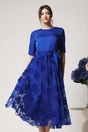 Rochie DY Fashion eleganta din satin si tull albastra cu insertii catifelate