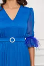 Rochie Dy Fashion albastra din voal cu pene la maneci