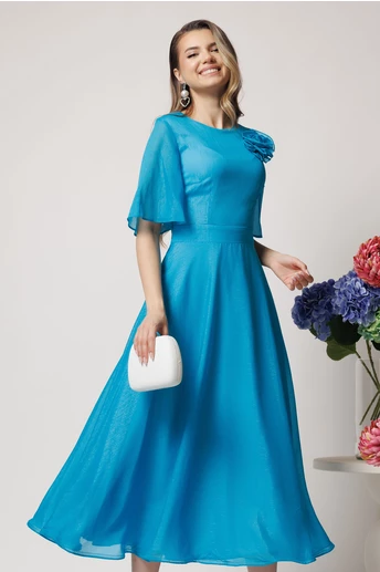 Rochie DY Fashion eleganta din voal albastra lunga cu accesoriu la bust