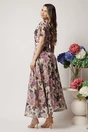 Rochie DY Fashion eleganta din voal bej cu imprimeuri florale roz si fir lurex