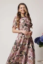 Rochie DY Fashion eleganta din voal bej cu imprimeuri florale roz si fir lurex