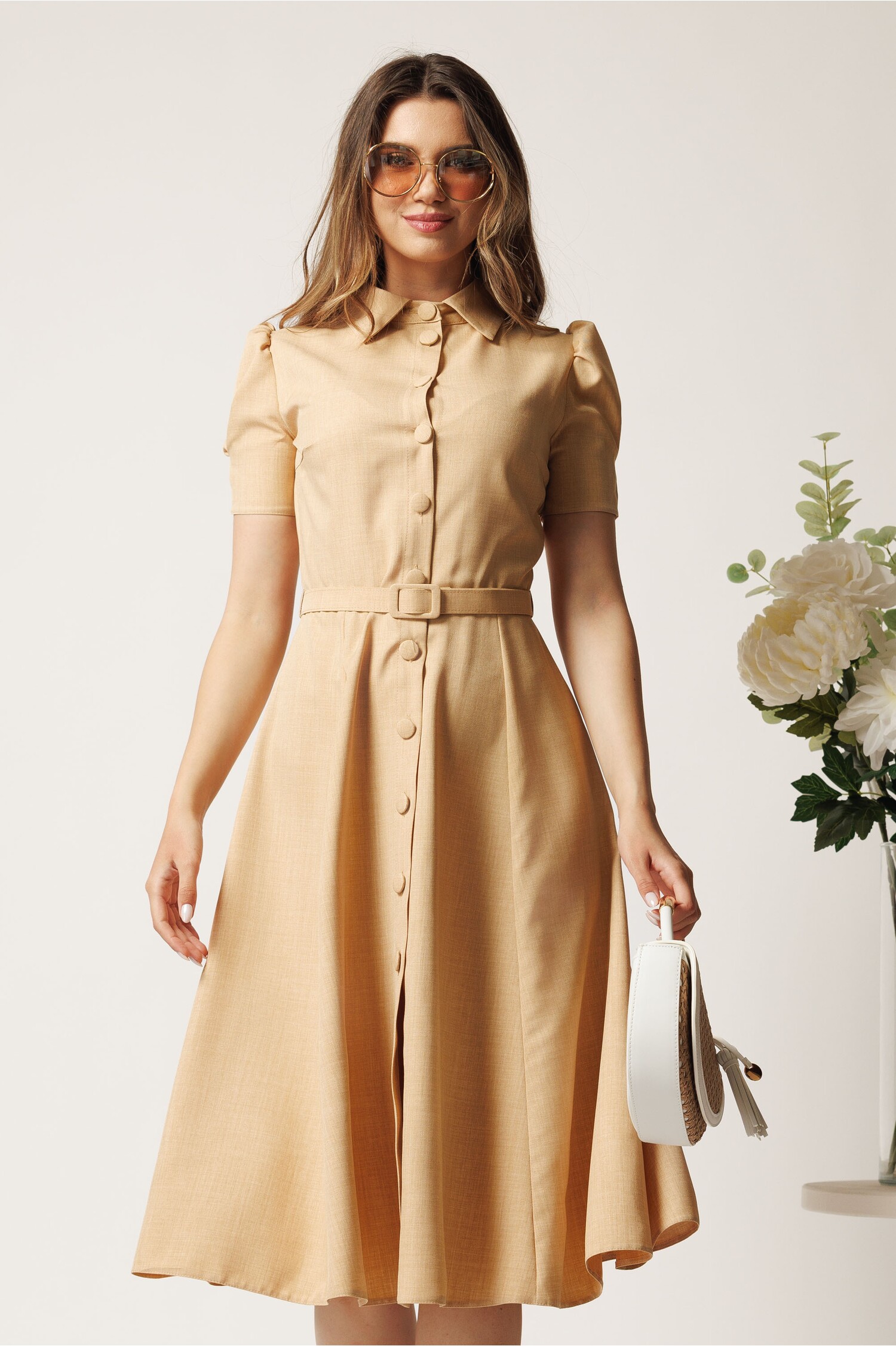 Rochie DY Fashion bej in clos cu nasturi si curea in talie