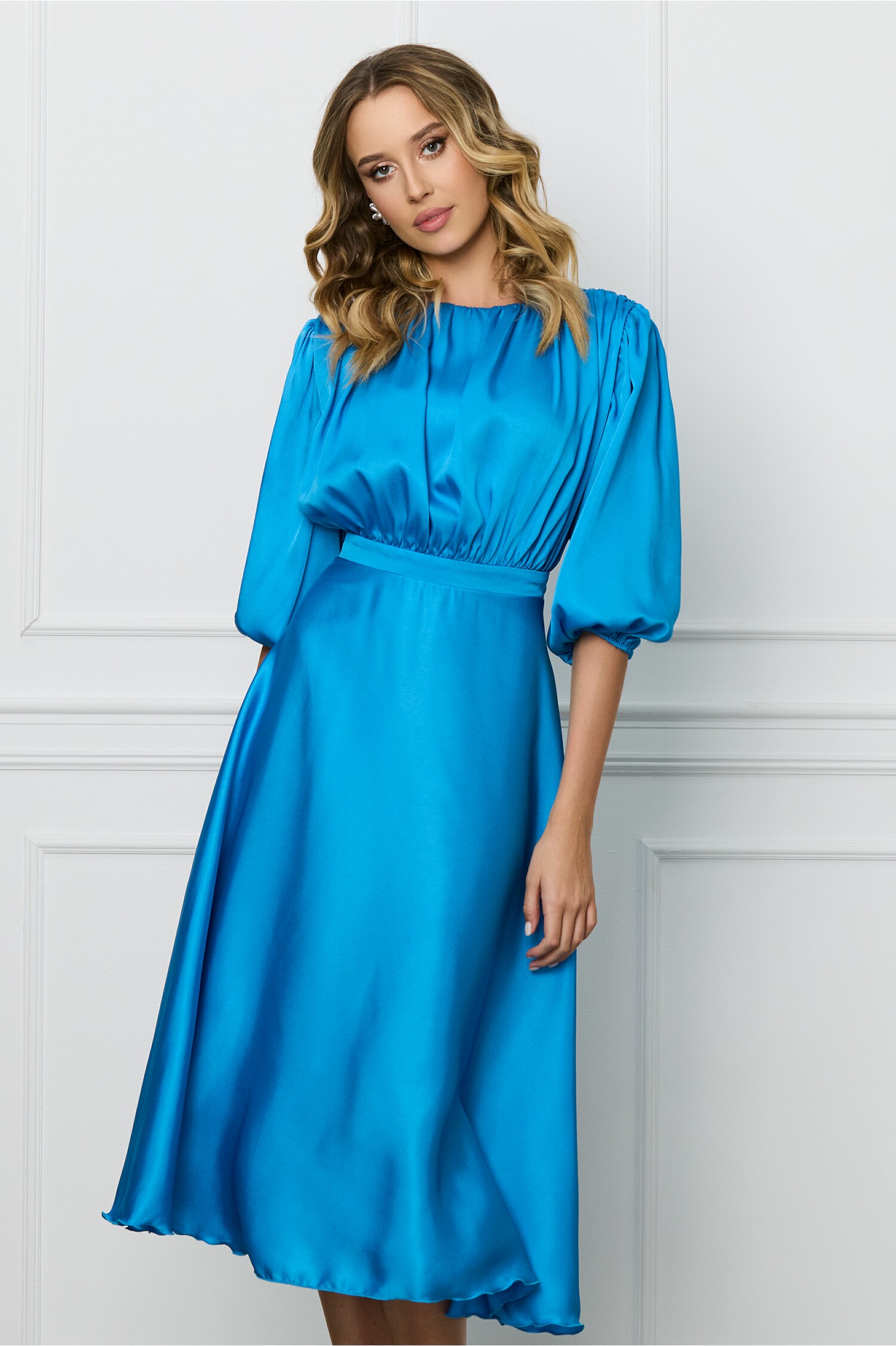 Rochie de ocazie bleu cu bust incretit