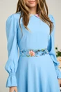 Rochie Dy Fashion office din voal bleu cu guler si banda in talie din satin cu imprimeu