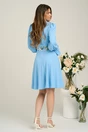 Rochie Dy Fashion office din voal bleu cu guler si banda in talie din satin cu imprimeu