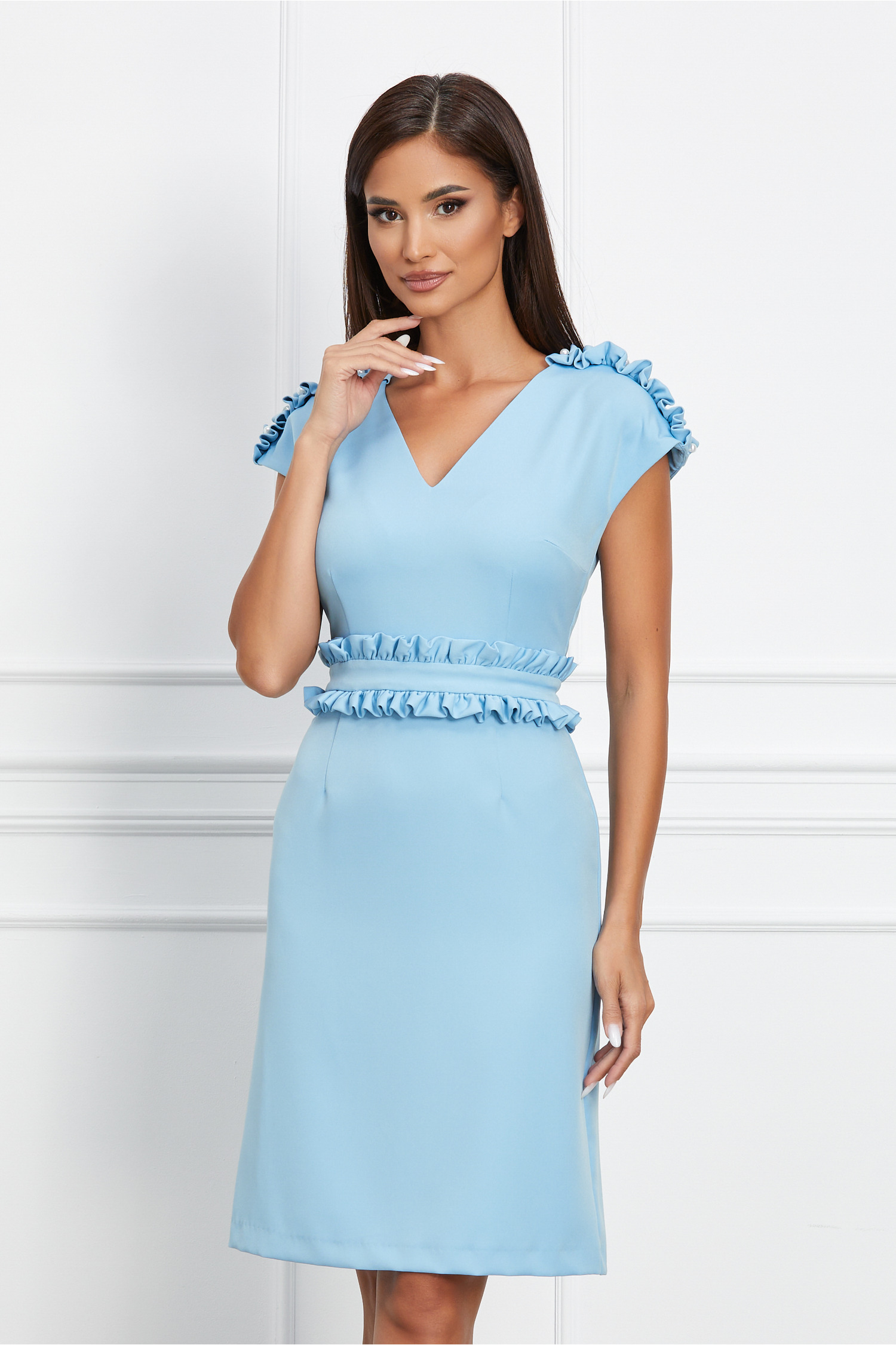 Rochie bleu cu mini volanase si perlute