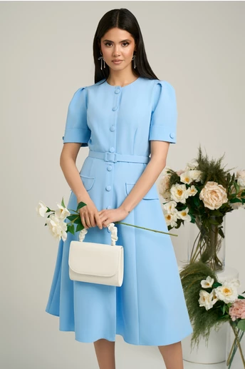 Rochie Dy Fashion bleu de zi cu nasturi si curea in talie