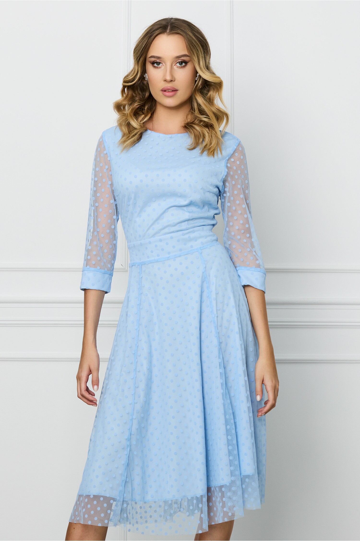 Rochie bleu din tull cu buline catifelate - Rochii-Dama.ro