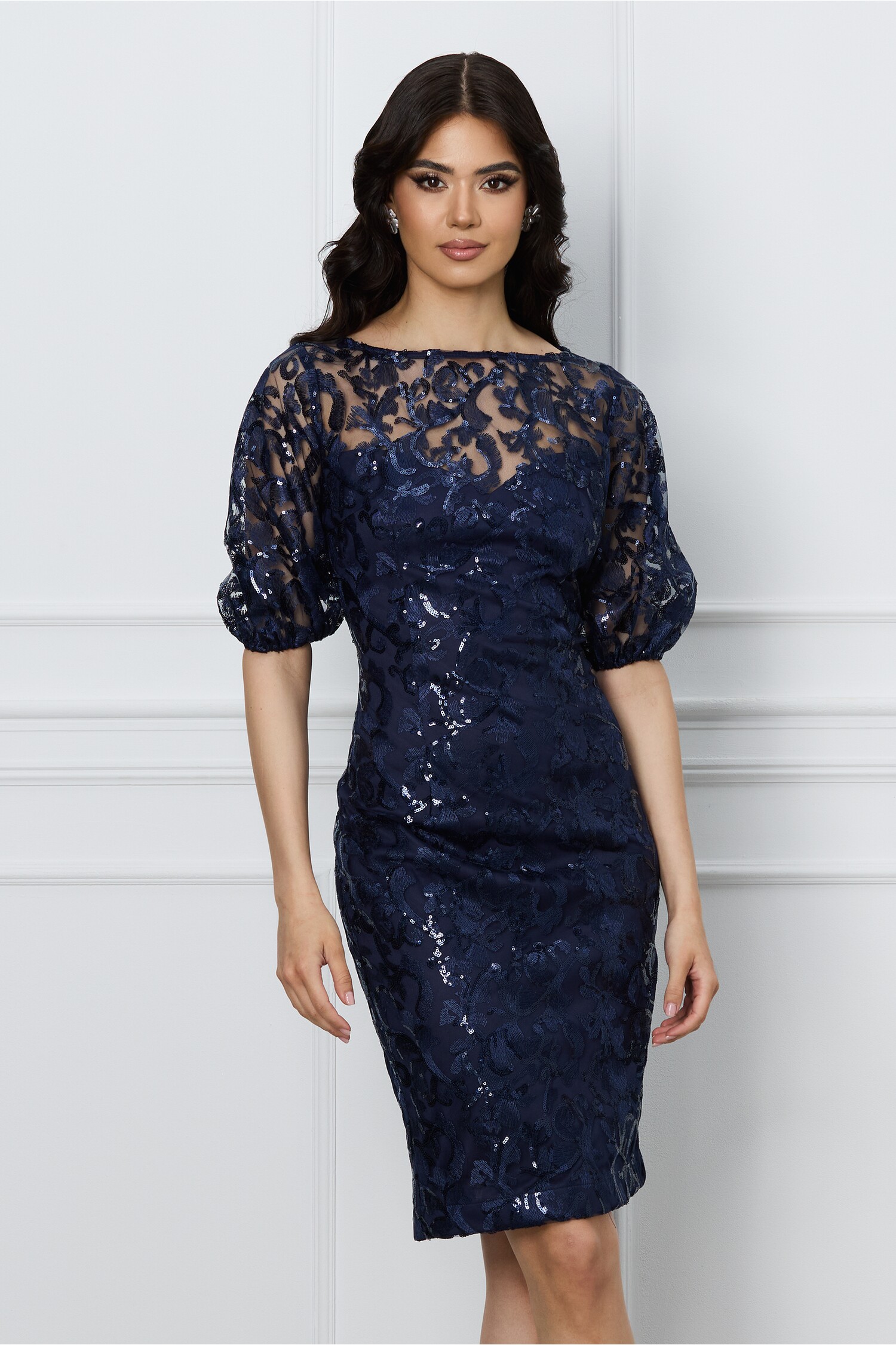 Rochie bleumarin conica din dantela - Rochii-Dama.ro