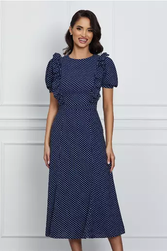 Rochie Dy Fashion bleumarin cu buline si volanase la bust
