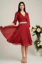 Rochie Dy Fashion bordo din voal cu fir stralucitor si cordon