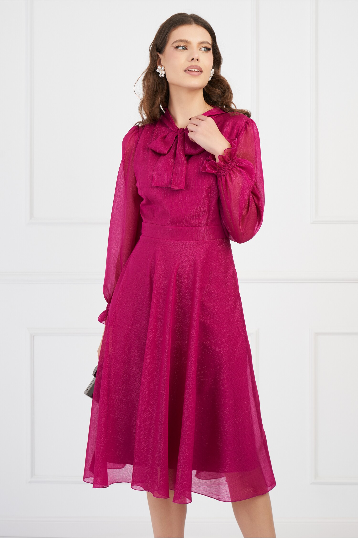 Rochie DY Fashion magenta din voal cu insertii din fir lurex