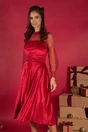 Rochie Dy Fashion clos rosie din catifea cu maneci din tull cu buline