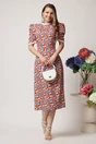 Rochie DY Fashion cu imprimeuri florale colorate si volanase la maneci si decolteu