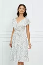 Rochie Dy Fashion din voal alba cu buline negre si cordon in talie